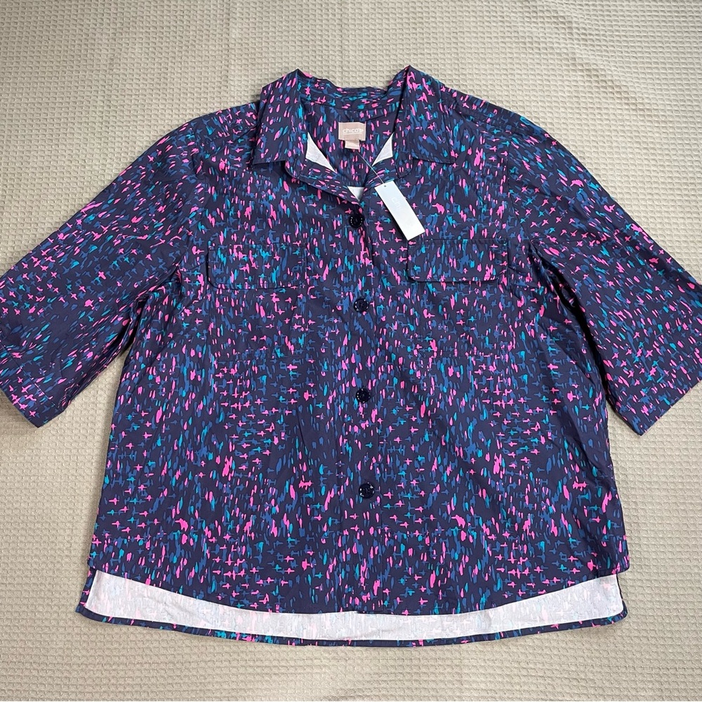 New Chico’s Crosshatch Weaves Utility Shirt 3 (XL) Womens 3/4 Sleeve Multicolor